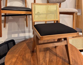 Cadeira de jantar estilo Pierre Jeanneret | Rattan natural | Cadeira rústica de vime personalizada