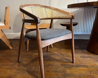 Mid-Century Moderner Rattan Holz Esszimmerstuhl - Cane Back Accent Chair