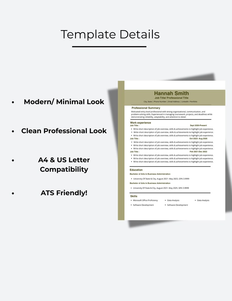 ATS Resume Template | Modern Minimalist Design, US Letter (instant ...