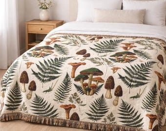 Mushroom Woven Cotton Throw Blanket, Botanical Woodland Blanket, Modern Organic Sofa Throw