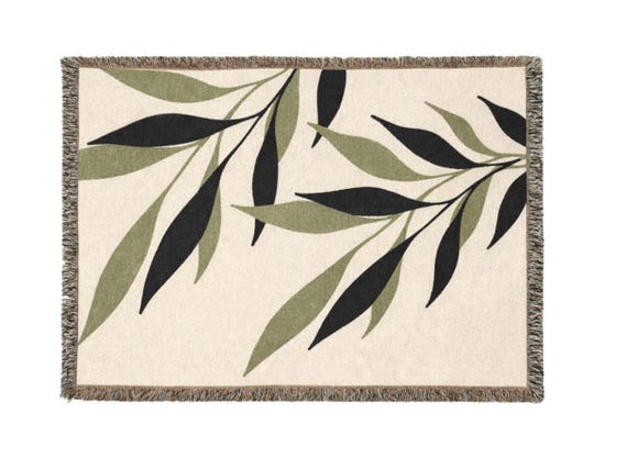 Olive Green Woven Cotton Throw Blanket, Botanical Branch Design, Sofa or Bed Accent