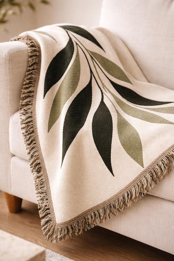 Woven Cotton Botanical Throw Blanket | Olive Green Heirloom Textile | Modern Cottage Home Decor | Cottagecore Accent | 52x37