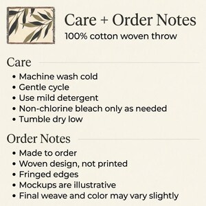 Care and order notes for olive green woven cotton throw blanket, including machine wash cold, gentle cycle, mild detergent, tumble dry low, made to order, woven not printed, fringed edges, and slight weave or color variation.