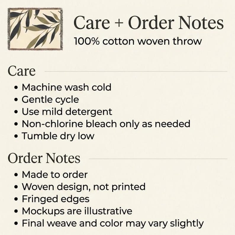 Care and order notes for olive green woven cotton throw blanket, including machine wash cold, gentle cycle, mild detergent, tumble dry low, made to order, woven not printed, fringed edges, and slight weave or color variation.
