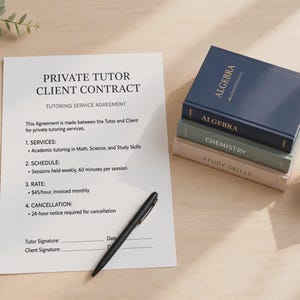 Könnte beinhalten: Ein weißes Dokument mit dem Titel Private Tutor Client Contract mit Abschnitten für Dienstleistungen, Zeitplan, Preis und Stornierung, begleitet von einem schwarzen Stift, drei Büchern mit den Titeln Algebra, Chemistry und Study Skills sowie einer Doktorhut.