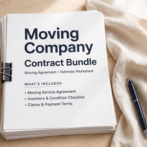 Op de afbeelding: Een stapel witte papieren documenten getiteld Moving Company Contract Bundle, vastgezet met een zwarte metalen binderclip. De tekst vermeldt Moving Agreement, Estimate Worksheet, Service Agreement, Inventory & Condition Checklist en Claims & Payment Terms.