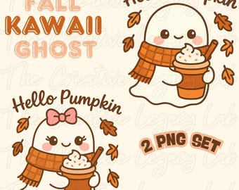 Halloween Kawaii Ghost PNG Set: Fall Pumpkin Spice Clipart (Digital Download)