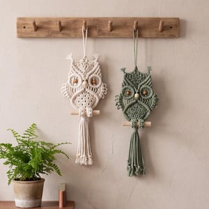 May include: Two macrame owl wall hangings, one in cream and one in sage green, each featuring knotted cord patterns, wooden bead eyes, and a small wooden perch with a long tassel. The owls are suspended from a wooden wall-mounted coat rack.