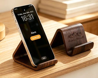 Personalized Wooden iPhone Stand,Custom Engraved Phone Holder,Desktop Wooden Phone Mount,Personalized Office Accessory,Gift For Mom,Friend