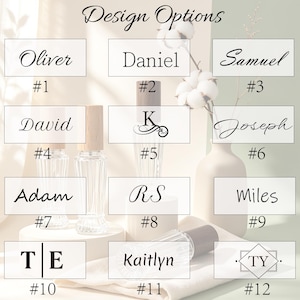 May include: A grid of twelve design options for personalized labels, each featuring a unique name or monogram style. The text includes Oliver, Daniel, Samuel, David, K, Joseph, Adam, RS, Miles, T E, Kaitlyn, and TY, numbered one through twelve.