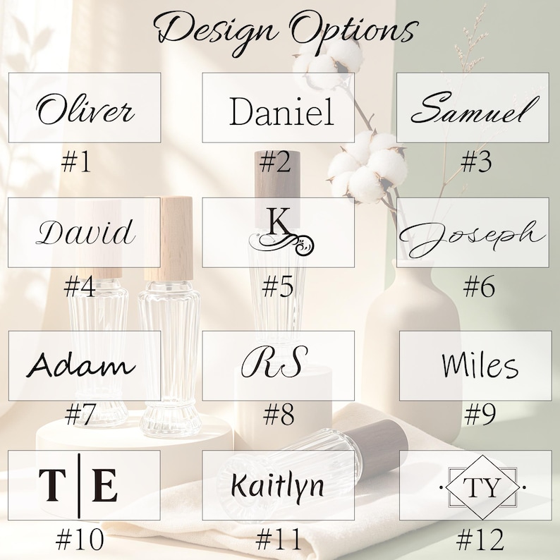 May include: A grid of twelve design options for personalized labels, each featuring a unique name or monogram style. The text includes Oliver, Daniel, Samuel, David, K, Joseph, Adam, RS, Miles, T E, Kaitlyn, and TY, numbered one through twelve.
