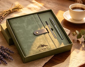 Set de cuaderno de cuero personalizado con bolígrafo, cuaderno de cuero A5 grabado a medida, regalo para damas de honor, regalo de graduación, regalo de instituto, regalo para un nuevo trabajo