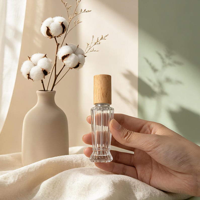 May include: A clear glass spray bottle with vertical fluted detailing and a cylindrical light wood cap. The bottle is held upright, showcasing its transparent body and the natural wood grain texture of the lid, which contrasts with the glass.