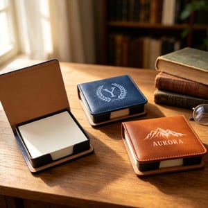 Peut inclure: Trois porte-blocs-notes carrés avec couvercles à charnières. L'un est ouvert montrant du papier blanc, un est bleu foncé avec une lettre Y blanche dans une couronne de laurier, et un est beige avec un graphique de montagne blanc et le texte AURORA.