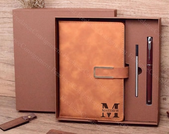 Diario de cuero grabado personalizado con bolígrafo, cuaderno A5, regalo de oficina, regalo de graduación, regalo para un nuevo trabajo o profesor, regalo de San Valentín.
