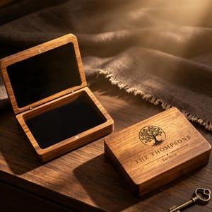 May include: A rectangular wooden box with a hinged lid, featuring a black interior lining. The closed lid displays a circular tree graphic, the text THE THOMPSONS, and Est. 2018. A small metal key is positioned near the closed wooden box.