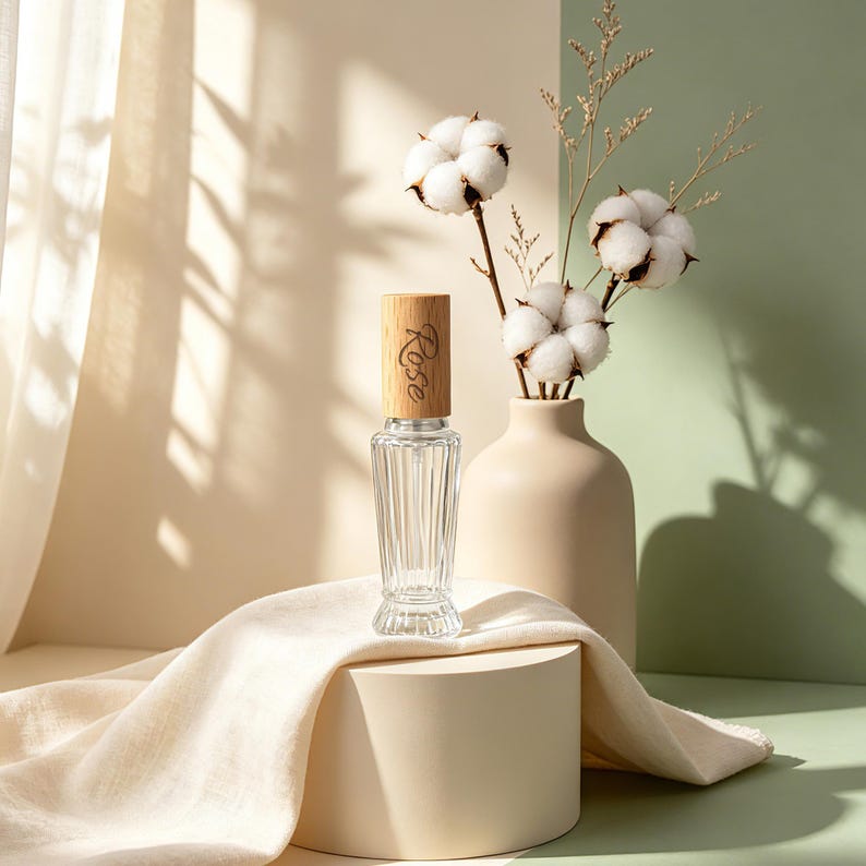 May include: A clear glass spray bottle with vertical fluting and a light-colored wooden cap engraved with the word Rose. The bottle is positioned on a cylindrical pedestal draped with a cream-colored fabric, accompanied by a beige vase with cotton.