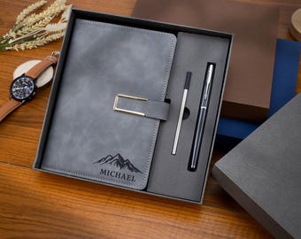 Juego de cuaderno de cuero grabado a medida con bolígrafo, cuaderno personalizado con bolígrafo, regalo de agradecimiento personalizado, regalo de graduación personalizado, regalo de empresa
