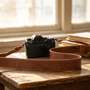 Puede incluir: Una correa de cámara de cuero marrón con la palabra "AURORA" y un gráfico de montaña. La correa está sujeta a una cámara negra, apoyada sobre una mesa de madera. La correa mide unos 100 cm de largo.