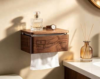 Wall Mounted Toilet Roll Holder,Personalized Walnut Tissue Box,Walnut Wood Toilet Paper Holder,No-Drill/Screw Mount,Bathroom Organizer