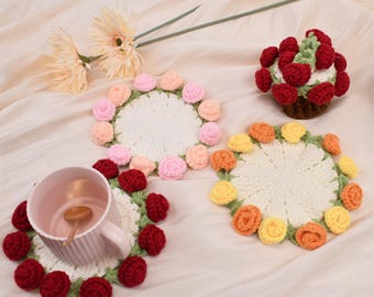 Juego de posavasos de ganchillo con forma de flor, portavasos redondo hecho a mano con cesta, regalo único, regalo para el Día de la Madre, regalo para inauguración de casa, bonito regalo para mujeres.