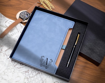 Cuaderno de cuero A5 personalizado con bolígrafo, cuaderno grabado a medida, regalos para el Día de la Madre, regalos corporativos personalizados, regalos de graduación, regalos para profesores.