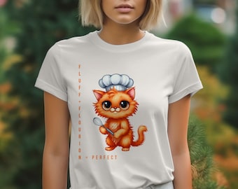 Fluff and Flourion Cat T-Shirt, Perfect Kitten Baker Tee, Chef Cat Shirt, Cute Animal T Shirts, Funny Cartoon Cat Tee, Baking Lover Gifts