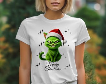 Grinch Cat T-Shirts, Merry Christmas Design, Holiday Gift, Whimsical, Festive, Holiday, Cute Cat T-Shirts, Christmas T-Shirts