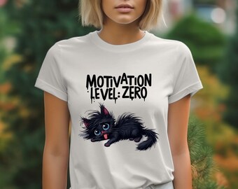 Motivation Level Zero T Shirts, Cute Cat, Funny Kitty, Sarcastic Tees, Lazy Kitten, Relaxing Cat, Introvert Tee, Gift Idea, Cat Lover Gift