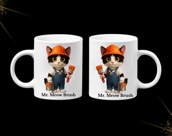 Mr. Meow Brush Mug – Cute Cartoon Painter Cat 11oz Coffee Cup | Gift for Artists & Cat Lovers | Magic Cat 3