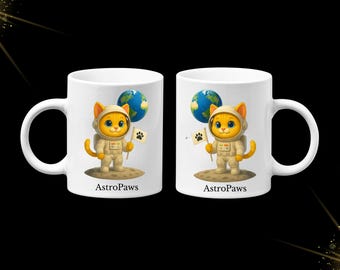 AstroPaws Cat Mug – Cute Edition – 11oz Cartoon Astronaut Cat Coffee Cup – Gift for Cat Lovers & Space Enthusiasts