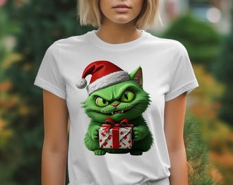 Grumpy Green Cat T-Shirt, Santa Hat, Cute Grinch, Christmas Gift, Funny Holiday Shirt, Festive Cat T-Shirts, Holiday Apparel