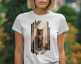 Striped Cat T-Shirts, Tabby Cat Portrait, Green Eyes, Artistic T-Shirts, Cool Cat Design, Unique Style, Cat Lover Gift
