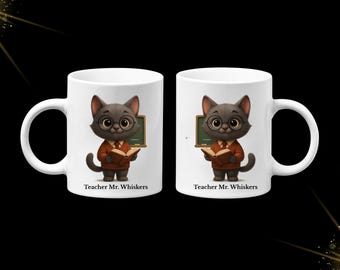 Teacher Mr. Whiskers Cartoon Mug | 11oz Coffee Cup with Cute Professor Cat | Back to School Teacher Gift | Funny Cat with Glasses