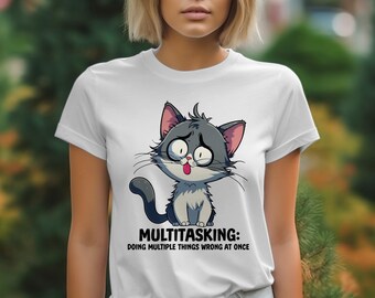Multitasking Cat T-Shirts, Funny Cat Tee, Cute Kitten T-Shirt, Pet Lover Gift, Cartoon Cat T-shirts, Animal T-shirts