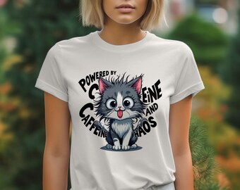 Caffeine Chaos Cat T-Shirts, Cute Kitten, Funny Cat Lover Gift, Powered by Caffeine, Cartoon Cat T Shirts, Crazy Cat Lady Shirt