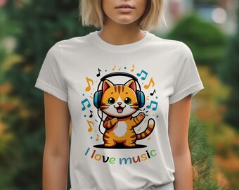 Cute Cat Music Lover T-Shirt, Ginger Kitten Headphones Design, Musical Cat T-Shirts, I Love Music Cat Shirt, Cat Lover Tee