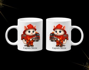 Firefighter Cat Mug – Captain Meow – Cute Edition – 11oz Cartoon Cat Coffee Cup – Funny Gift for Cat Lovers & Firefighter Appreciation