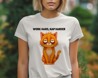 Work Hard Nap Harder T-Shirts, Funny Cat T-Shirts, Gift For Cat Lovers, Relaxed Cat, Cartoon Cat, Orange Tabby Cat