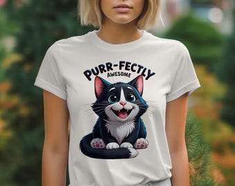 Purrfectly Awesome Cat T-Shirt, Cute Kitten Graphic Tee, Funny Pet Lover Gift, Cartoon Animal Shirt, Trendy Cat Design, Unique T-Shirts