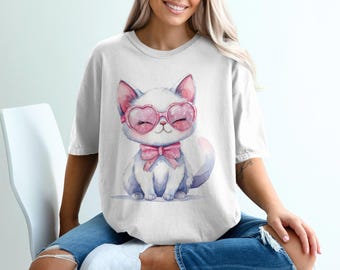 Cat with Heart Glasses, Pink Bow, Watercolor Style, Cute Kitten Art for Valentine's Day, Trendy Illustration, Other