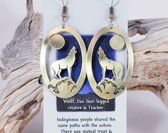wolf earrings, handmade jewelry, bronze wolf totem, Indian jewelry, gold color, wolves, jewelry, nature art jewelry, gift ideas