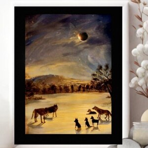 May include: A framed painting depicting a pack of wolves in a moonlit landscape. The artwork features a dark sky with a full moon, a field, and several wolves in various poses. The painting is framed in black.