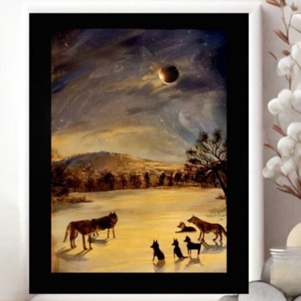 Eclipse moon , Wolf totem, wolf family art print , animal Native American art , Indian Eli Thomas Art , nature art gift, home decor moon