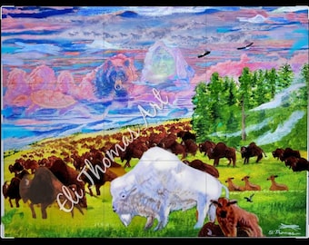 WHITE BUFFALO SUNRISE Native american art,  Eli Thomas Art , totem animal buffalo, nature art, spirit art , gift ideas home decor, Indian