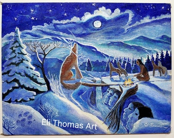 Wolf art, Native American,animal totem wolf,nature art home decor office decor,wolves, Eli Thomas Art ,Blue, Moons, winter,wisdom keeper