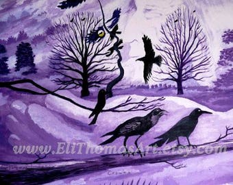 crow art ,ravens art , Eli Thomas Art , animal art , nature art,  totem crow print ,gift idea ,spirit art, birds, purple decor, spirit birds