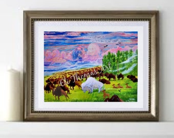 WHITE BUFFALO SUNRISE Native american art,  Eli Thomas Art , totem animal buffalo, nature art, spirit art , gift ideas home decor, Indian