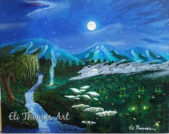 Starry night landscape wolf art, native american art, gift ideas, home decor, office decor, nature art, moon art, fireflies, art print, gift