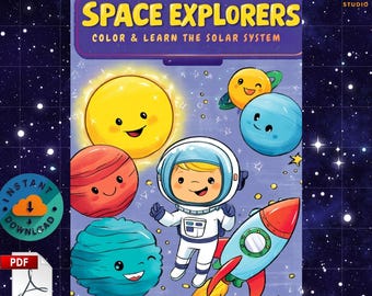 May include: A children's coloring book titled "Space Explorers" with illustrations of planets, a rocket, and an astronaut. The cover features the text "Color & Learn the Solar System" and a PDF download icon.